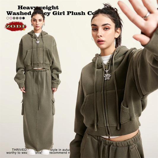 ZODF Retro 2025 Winter Women Short Zipper Hoodies Female Girls Loose 355gsm Thick Fleece Hooded Zip-up Coat Streetwears HY0448