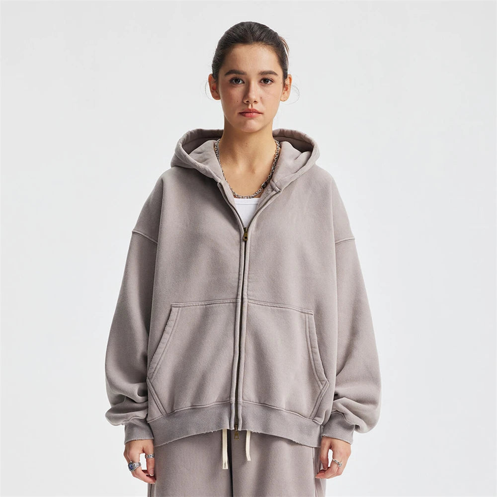 ZODF New 2025 Winter Man's Fleece Zipper Hoodies Unisex Retro 370gsm Loose Boxy Batik Washed Hooded Coats Sweatshirts HY1164