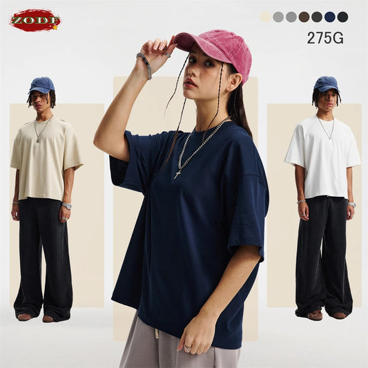 ZODF New Men Summer Boxy 275gsm Cotton T-Shirts Retro Unisex Oversized Short Version Basic T Shirt Brand Tees HY1070
