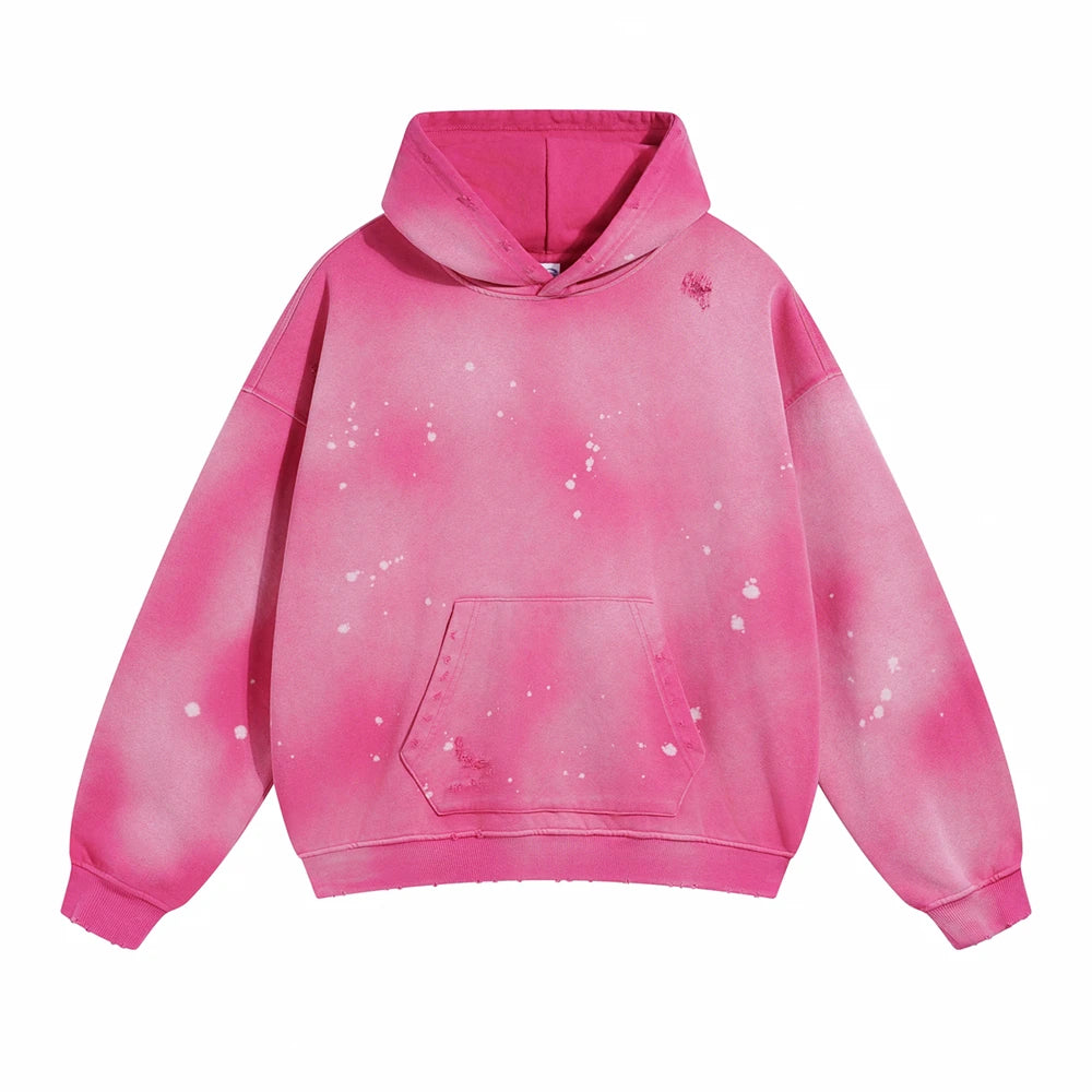 ZODF Autumn Winter Oversized Spray Dye Ink Splashing Knitted Hoodie 450gsm Unisex Pullover HY0908 - Rose Red / M