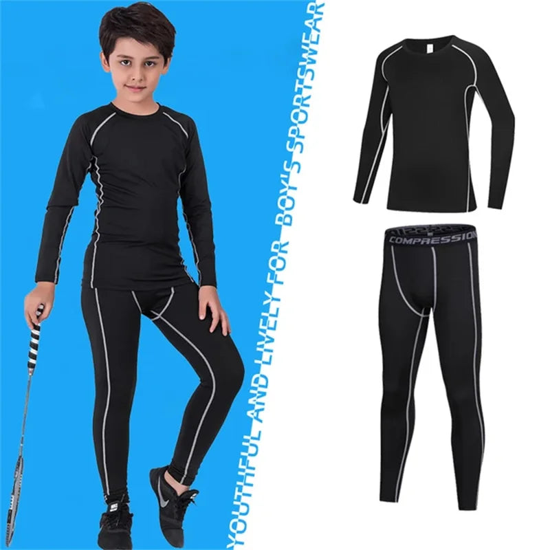 Kids Fitness Tracksuits Youth Warm Compression Pants and Tops Sportswear for Boys Running Basketball - Pink