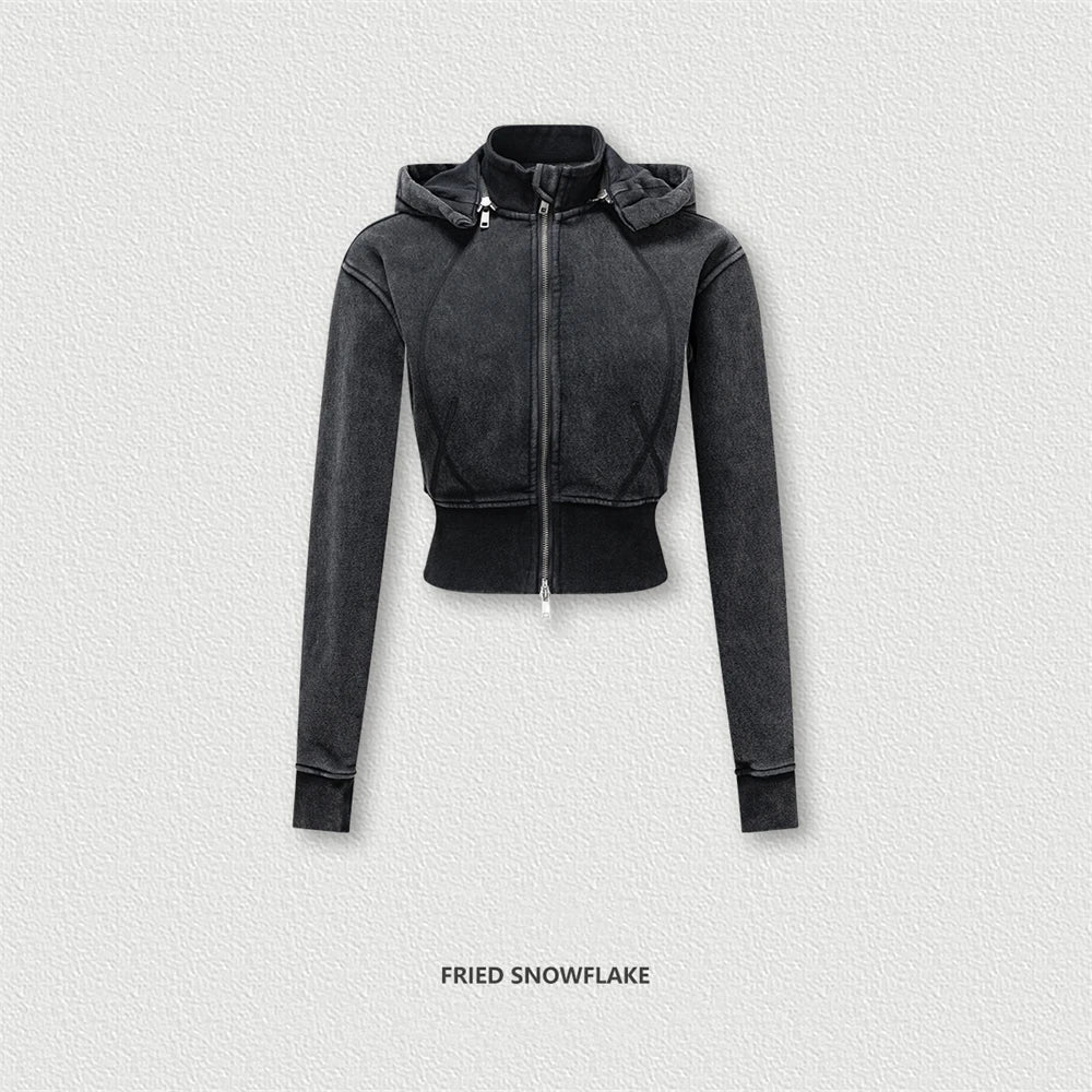 ZODF Vintage 2025 Winter Batik Washed Crop Hoodies Female Girls Remove Hood Heavy Weight Sport 400gsm Hooded Coat HY1085