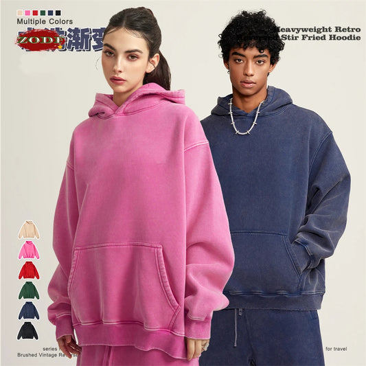 ZODF Winter Autum Men's Washed 400gsm Fleece Hoodies Unisex Couple Retro Oversized Ripped Hooded Sweatshirts Pullovers HY0652