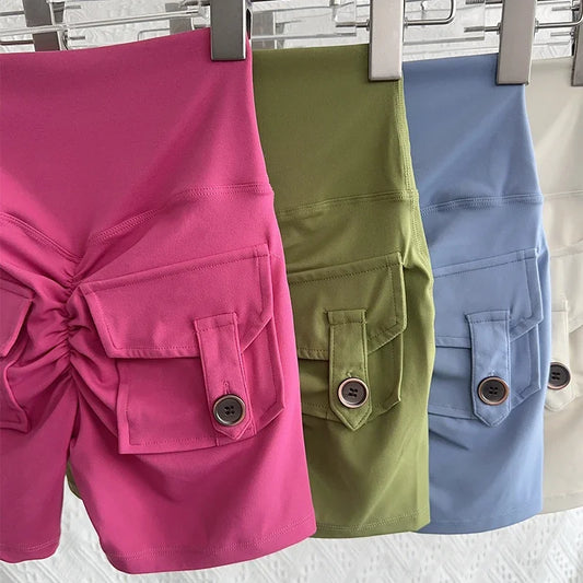 Nude High Waist Peach Butt Sports Shorts with Pocket Quick Dry Yoga Leggings for Gym Training Cycling Outdoor