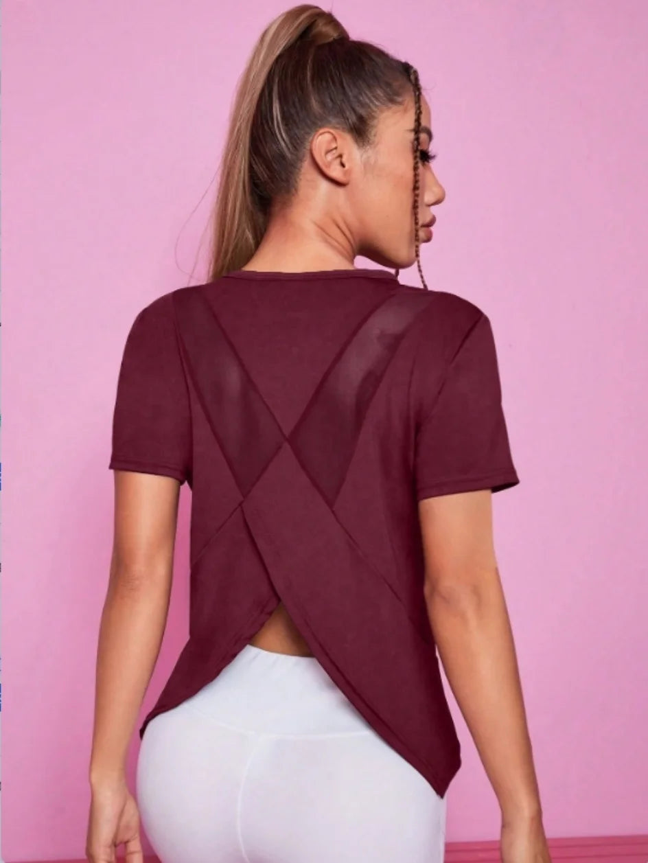 Women’s Summer Yoga T-Shirt Short Sleeve Breathable Quick Dry Mesh Back Fitness Top Loose Fit - Red / L