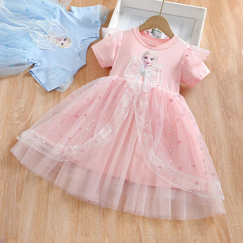 MINISO Girls Dress Blue Toddler Girl Mesh Lace Dress Summer Infant Fuffy Tulle Tutu Frozen Princess Dress 2 to 3 4 5 6 7 8Years