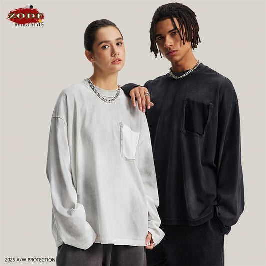 ZODF Retro Man's 325gsm Cotton Full Sleeve T-Shirts Unisex Distressed Wastland Style Monkey Washed T Shirt Tees HY1160