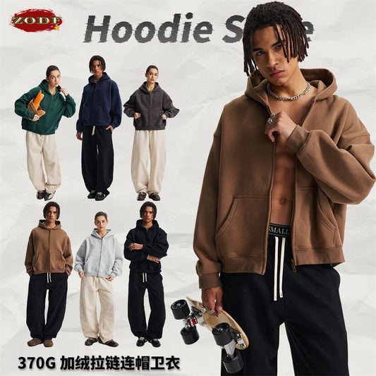 ZODF Trendy 2025 Winter Man Solid Fleece Boxy Hoodies Unisex 350gsm Double Head Zipper Hooded Sweatshirts Coat HY1122