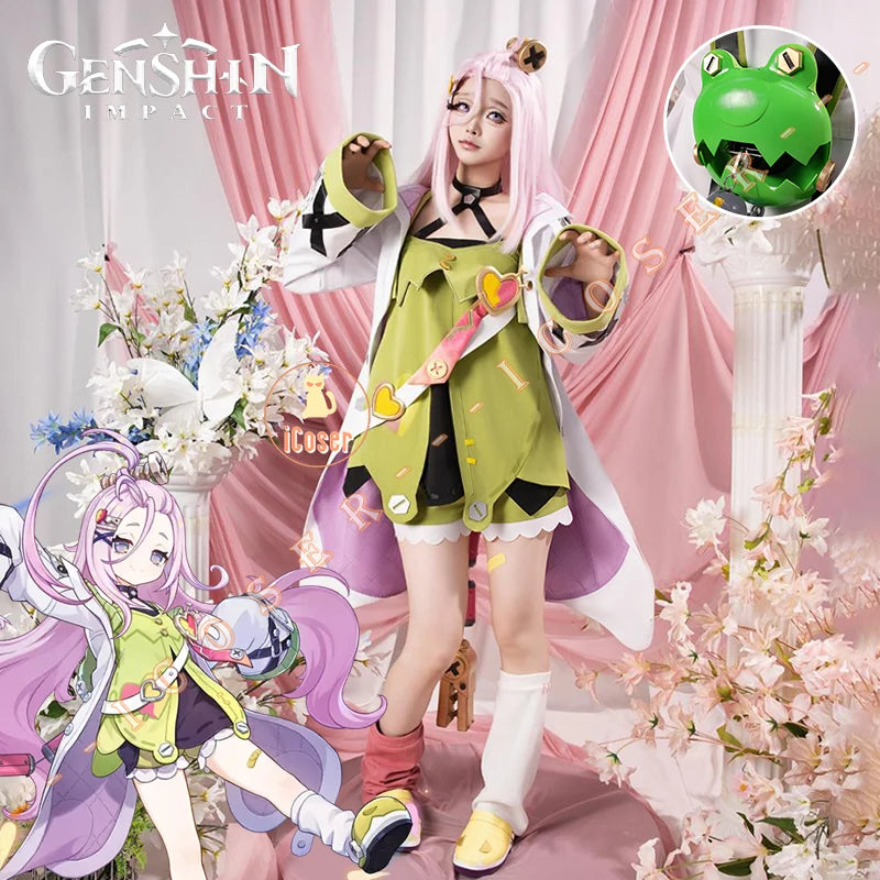 Genshin Impact Aino Cosplay Costume Wig Uniform Headwear Frog Backpack Clink-Clank Krumkake Craftshop Halloween for Women Girls