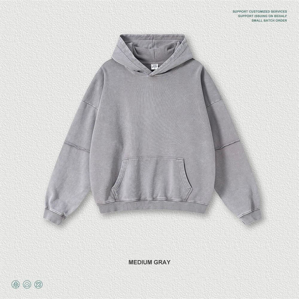 ZODF Vintage 2025 Autumn 370gsm Fake 2-Piece Unisex Hooded Pullover Terry Hoodie HY1108 - GRAY / XXL / China Mainland