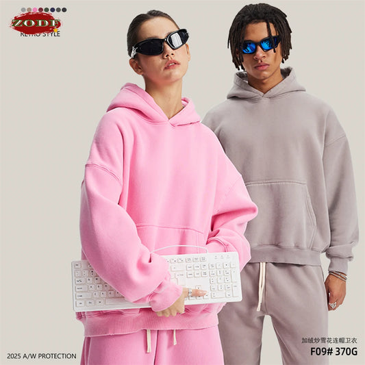 ZODF Retro 2025 Winter Man Washed Boxy Fleece Hoodies Unisex 370gsm Loose Hooded Pullovers Sweatshirt Streetwears HY1129