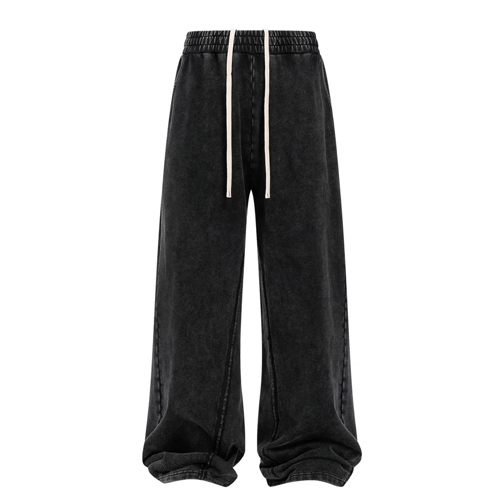 ZODF Retro 2025 Autumn Men’s 400gsm Washed Cotton Loose Terry Sweatpants Sport Trousers HY1079 - black / XXL / China