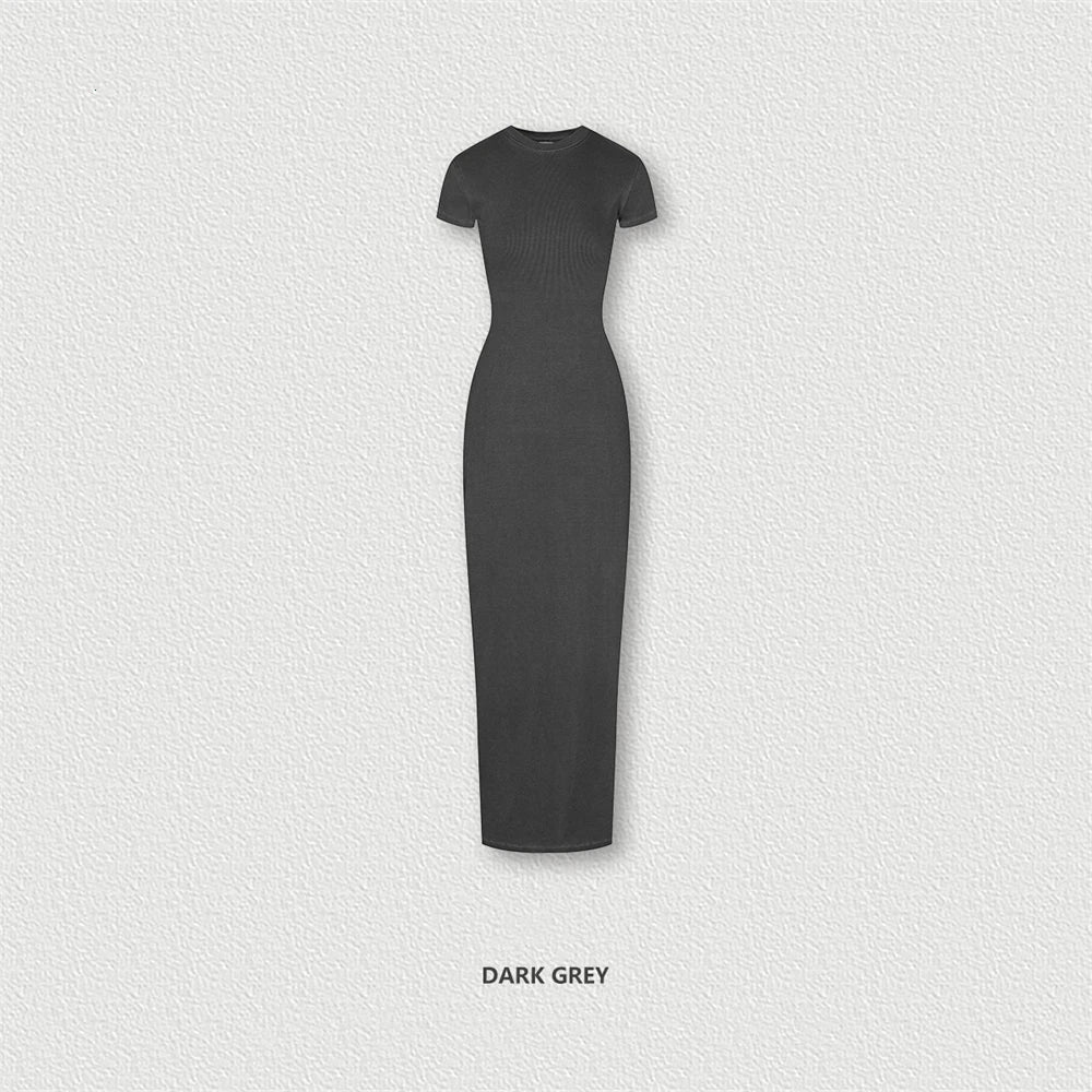 ZODF Sexy 2025 Spring Women’s 275gsm Slim Fit Long Dress with O Neck and Distressed Slit HY1008 - Dark Grey / S / China