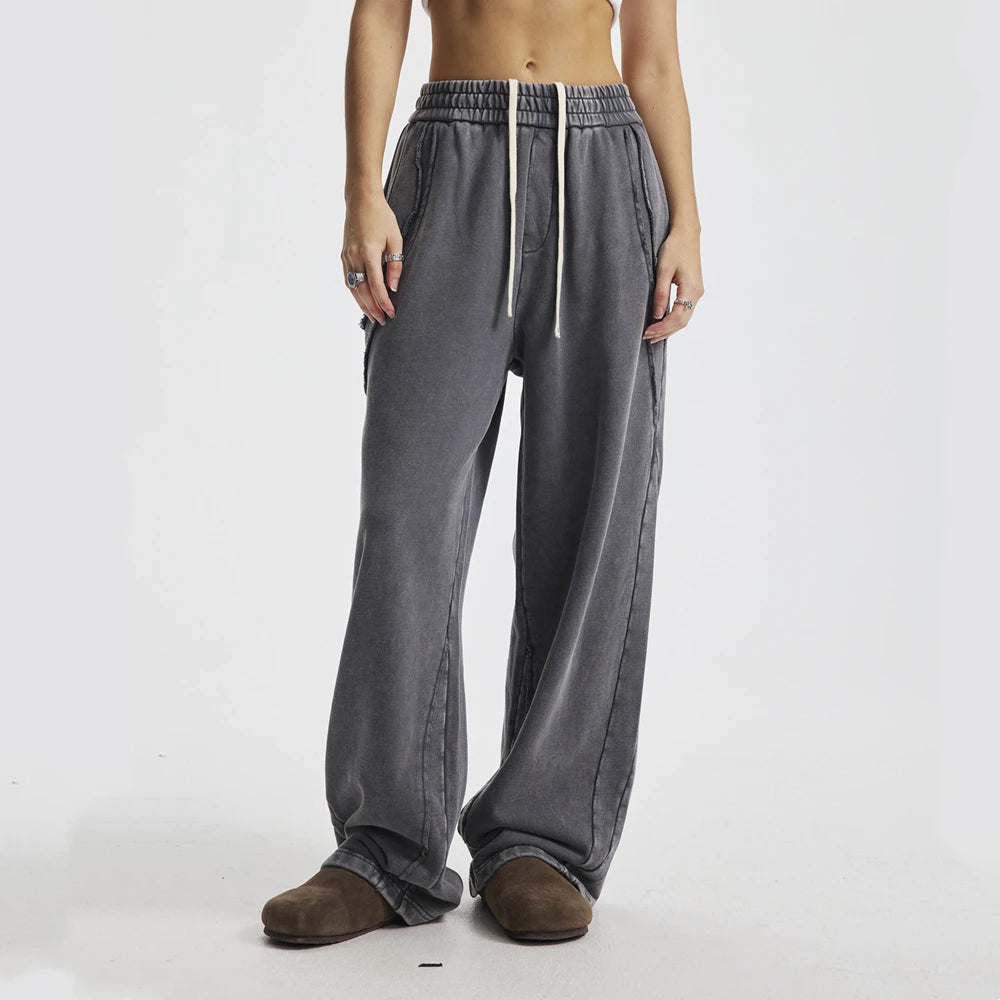 ZODF Retro 2025 Autumn Unisex Washed Cotton 430gsm Distressed Patchwork Oversized Straight Sweatpants HY1168 - Dark