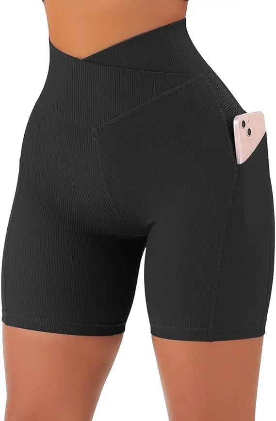 Women’s High Waist 5’’ Booty Biker Sports Shorts with Pockets for Cross Workout and Yoga - black / M