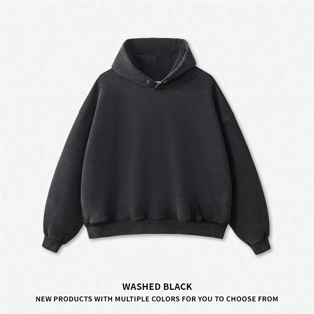 ZODF Vintage 350gsm Man Washed Boxy Fleece Hoodie Unisex Loose Ripped Warm Button Winter Hooded Pullovers Brand Clothing HY0053