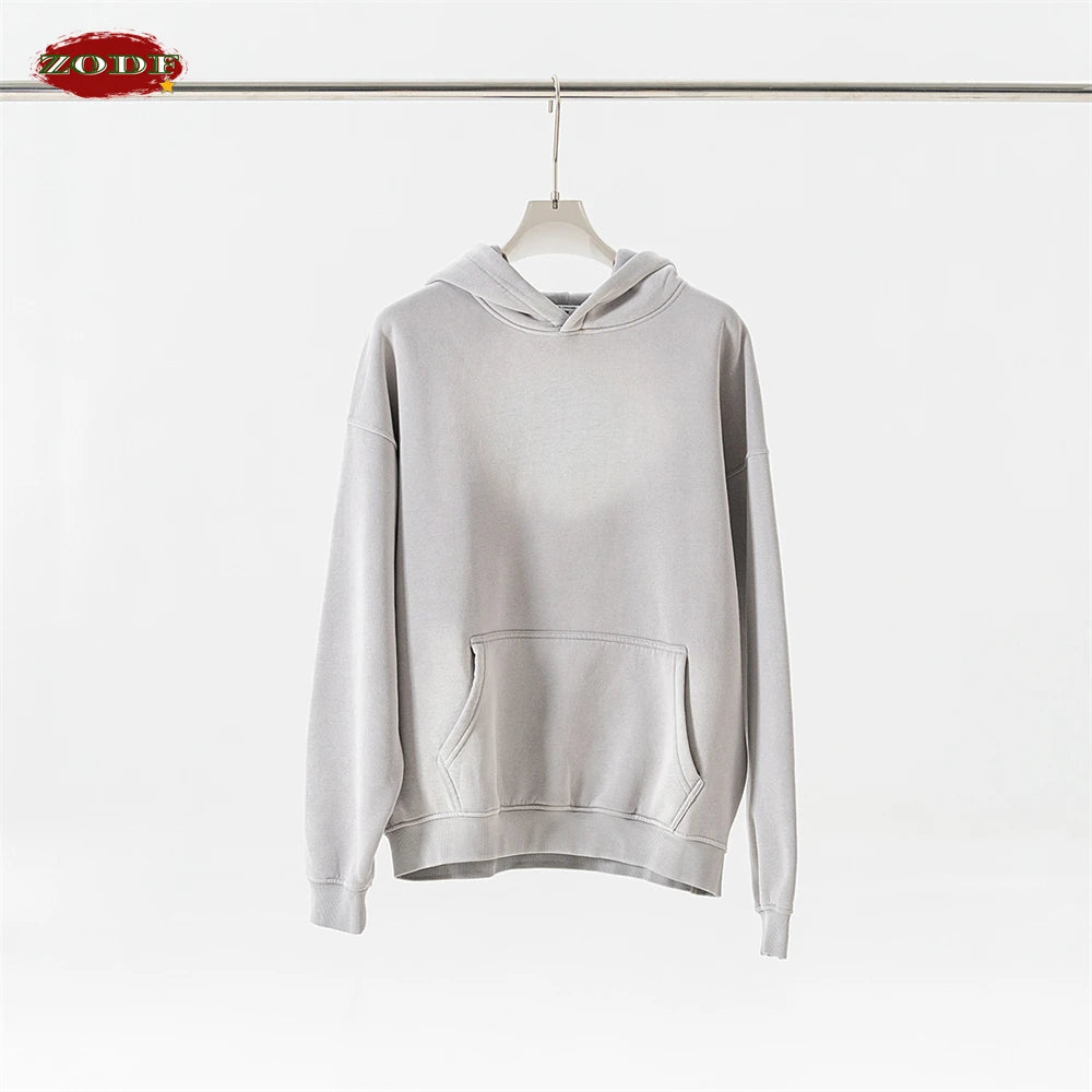 ZODF Autumn Winter Monkey Washed Fleece Hoodie 360gsm Warm Knitted Hooded Pullover Unisex Basic HY0903 - Light Grey / M