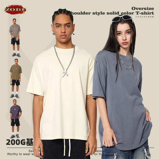ZODF New Spring Summer 200gsm Washed Cotton T Shirts For Men Unisex Women Retro Casual Basic Solid T-Shirt Brand Tees HY0775