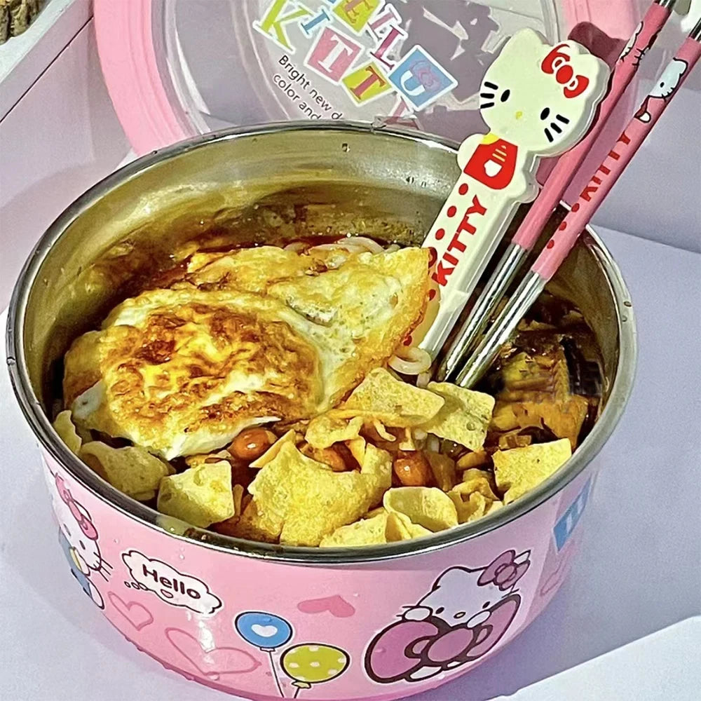 Hellokitty Stainless Steel Ramen Bowl With Lid Cute Japanese Large Instant Noodles Fruit Salad Rice Soup Bowl Kitchen Tableware