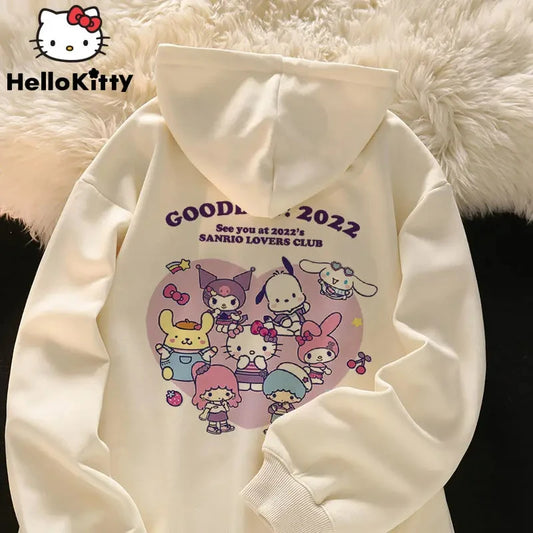 2025 New Sanrio Hello Kitty Jacket 2000s Zip Hoodie White Sweatshirt Young Women Fall Winter Kawaii Lolita Jacket Student Tops