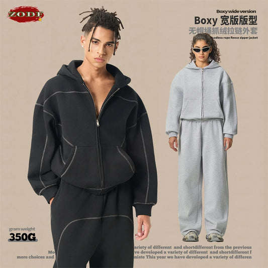 ZODF New Winter 350gsm Man Fleece Boxy Fit Zipper Hoodie Unisex Hip Hop Solid Warm Hooded Coat Brand Jackets HY0034