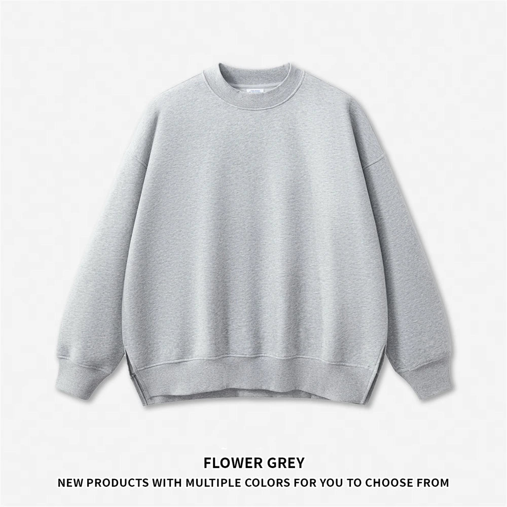 ZODF Men’s Winter Side Split Fleece Sweatshirt Unisex Oversized 350gsm O-Neck Warm Pullover HY0058 - Flower Grey / L