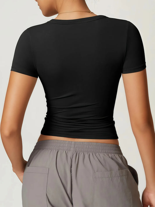 Women’s Gym Running Short Sleeve T-Shirt with Integrated Fitness Bra Yoga Sportswear Vest Top