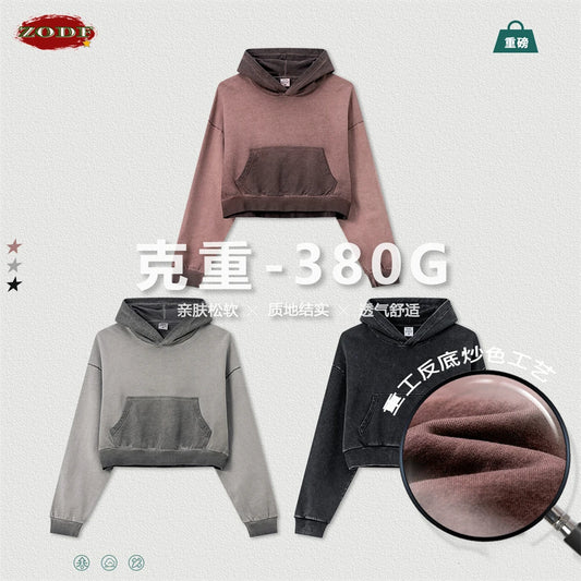 ZODF New Autumn Women Washed Crop Hoodies Female Girls Solid 380gsm Cotton Short Hooded Coats Streetwears HY0942