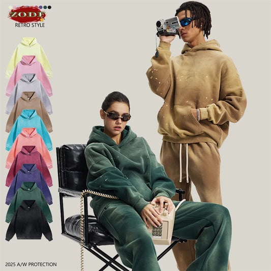 ZODF Trendy Men Washed 360gsm Fleece Hoodies Unisex Oversized Warm Paint Distressed Hooded Pullovers Winter Coat HY0947