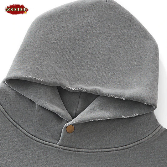 ZODF Vintage 350gsm Man Washed Boxy Fleece Hoodie Unisex Loose Ripped Warm Button Winter Hooded Pullovers Brand Clothing HY0053