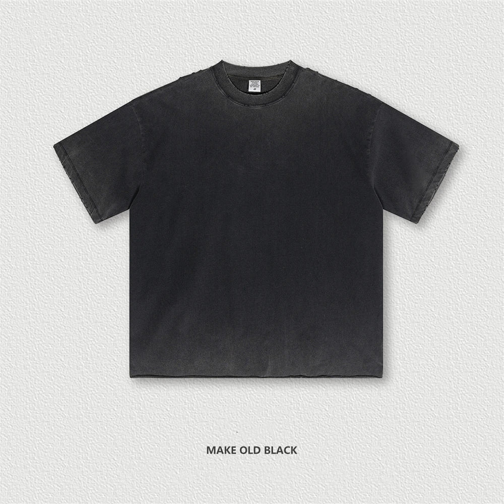 ZODF Fashion 250gsm Washed Distressed Retro Cotton Relax Fit T-Shirts for Men & Women HY0838 - black / S / China