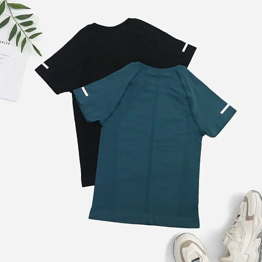 Women Seamless 2-Piece Yoga T-Shirt Set Short Sleeve Athletic Fitness Workout Gym Training Top