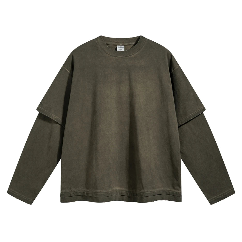 ZODF New 2024 Autumn Fake 2 Pieces T-Shirt For Men Unisex Loose Solid Long Sleeve O-Neck 305gsm Cotton T Shirt Brand Tops HY0944