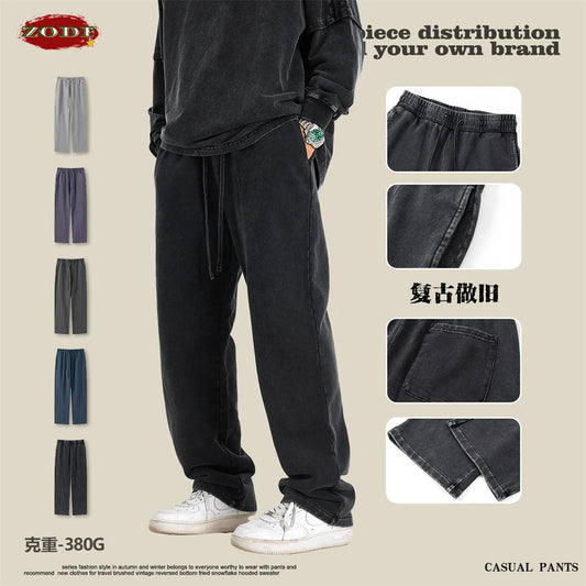 ZODF Retro Men Autumn Washed 380gsm Cotton Unisex High Street Oversized Solid Sport Straight Pants HY0885