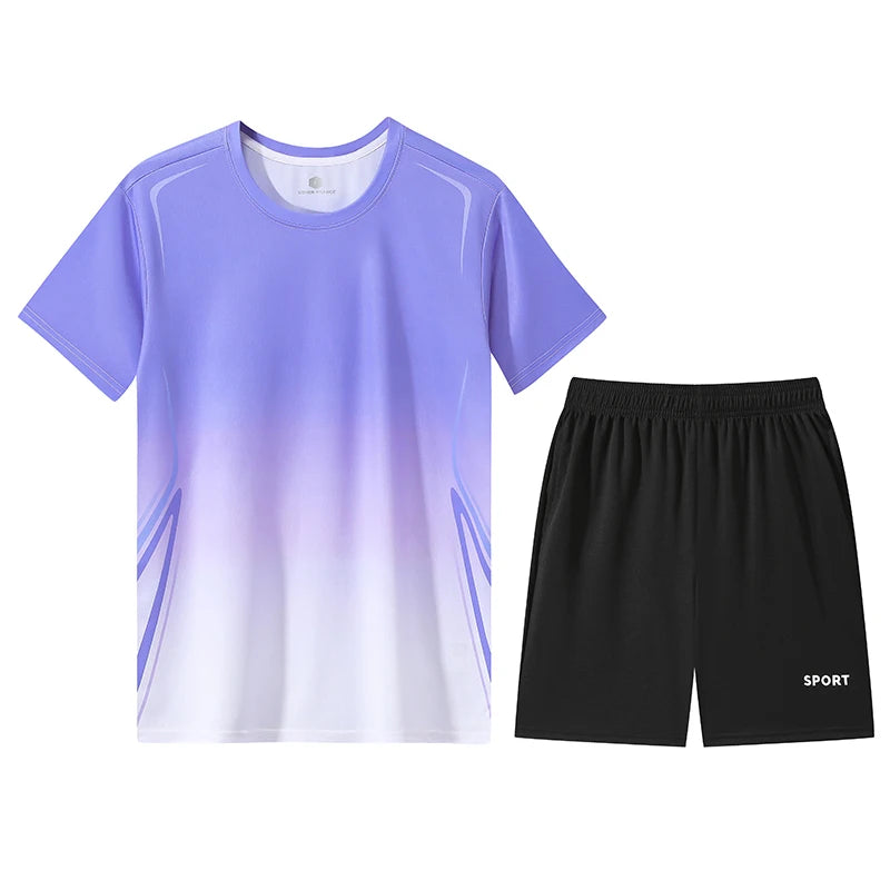 Chrlck Unisex Gradient Quick-Dry Ice Silk Fitness T-Shirt and Shorts Set for Running Gym Training - Purple