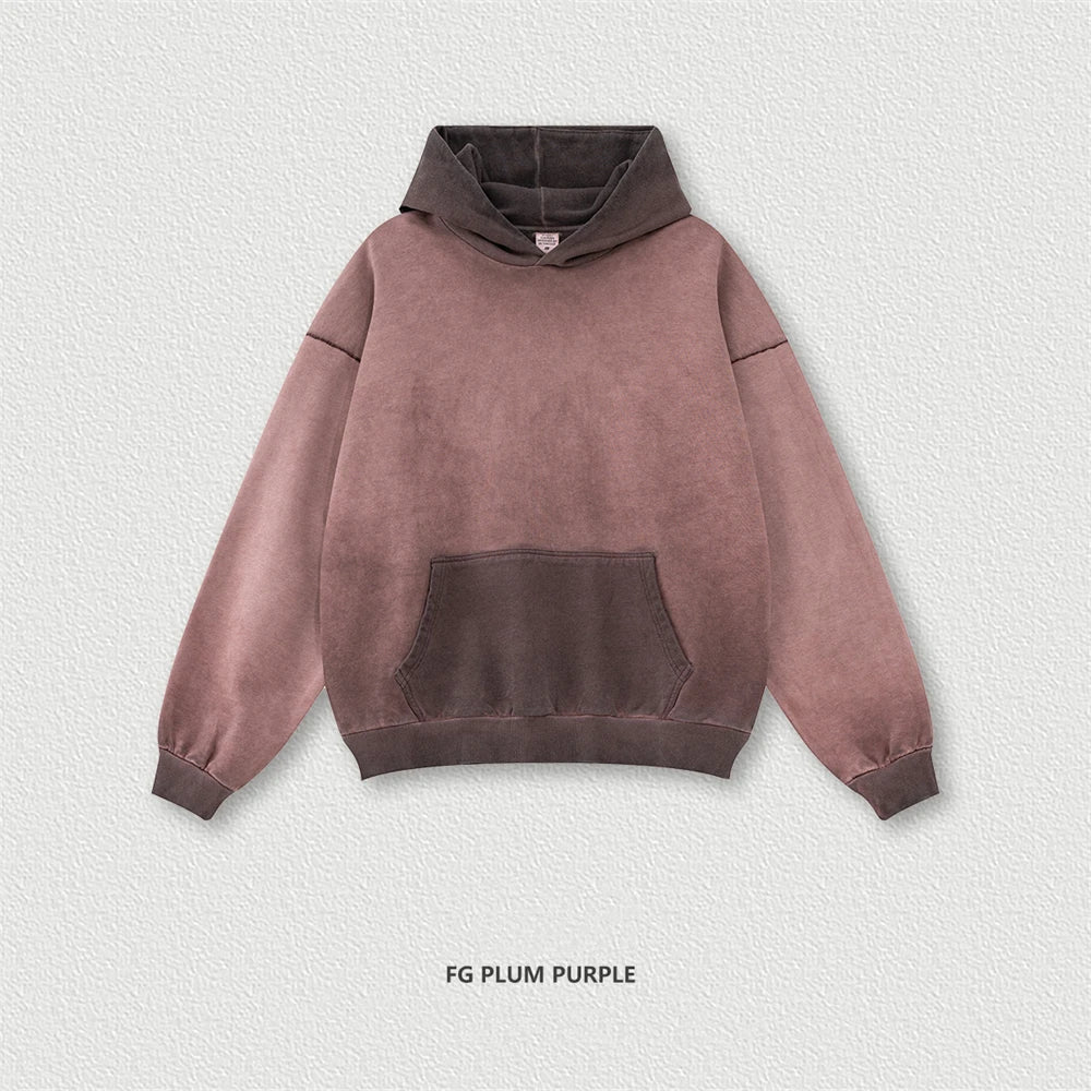 ZODF Retro Washed Cotton Oversized Hoodie Unisex Autumn High Street Knitted 380gsm Pullover HY0913 - Plum Purple / S