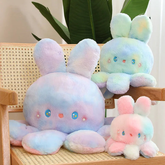 Kawaii Plush Flip Rainbow Cosplay Bunny Octopus Plush Toy Double Side Reversable Rabbit Plushie Peluche Doll Cuddly Doll