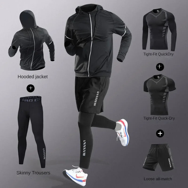 3-7pcs Men’s Ice Fiber Quick-Dry Running Fitness Tracksuit Full Set for Marathon Training Cycling Jogging Gym