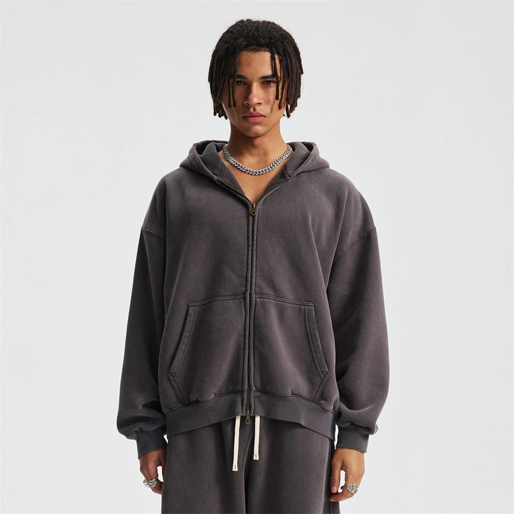 ZODF New 2025 Winter Man's Fleece Zipper Hoodies Unisex Retro 370gsm Loose Boxy Batik Washed Hooded Coats Sweatshirts HY1164