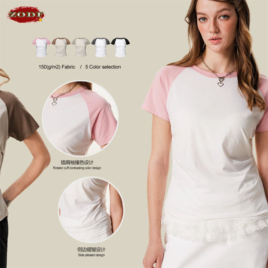 ZODF Hotsweet Summer Women Raglan Sleeve T-Shirts Girls Slim Fit 150gsm Casual Patchwork O Neck T Shirt Brand Tees HY1021