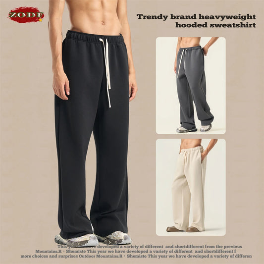 ZODF Casual Man 350gsm Fleece Straight Pants Unisex Loose Fit Sport Warm Wide Leg Trousers Brand Bottoms For Winter HY0037