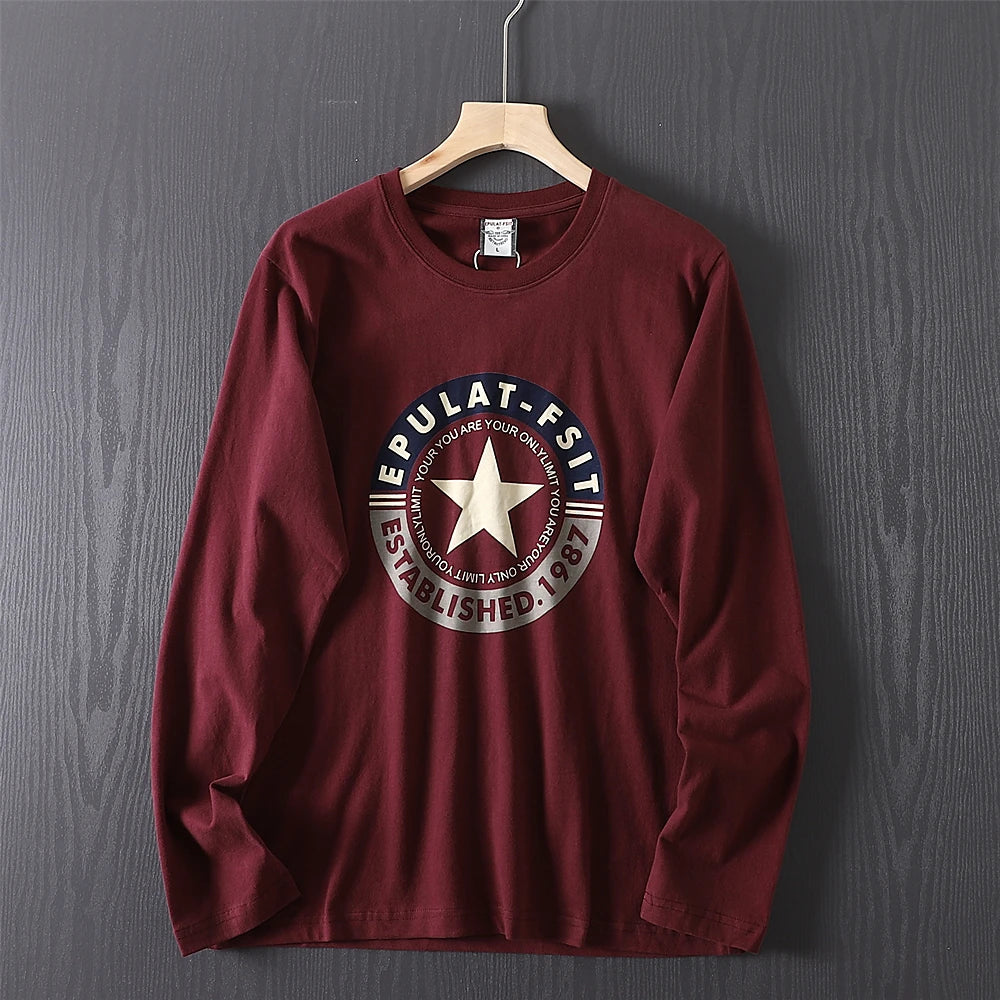 2025 Autumn New American Retro Long-sleeved O-neck Letter Printed T-shirt Men's Fashion 100% Cotton Washed Casual Sport Tops