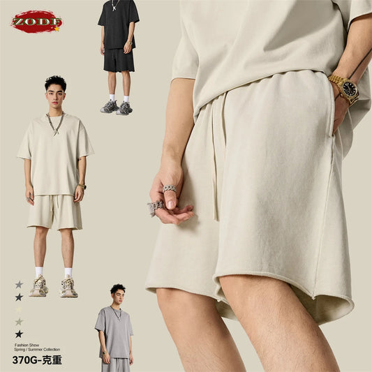ZODF Retro Summer Washed 370gsm Cotton Shorts For Men Unisex High Street Loose Edge Distressed Solid Shorts Brand Clothes HY1023