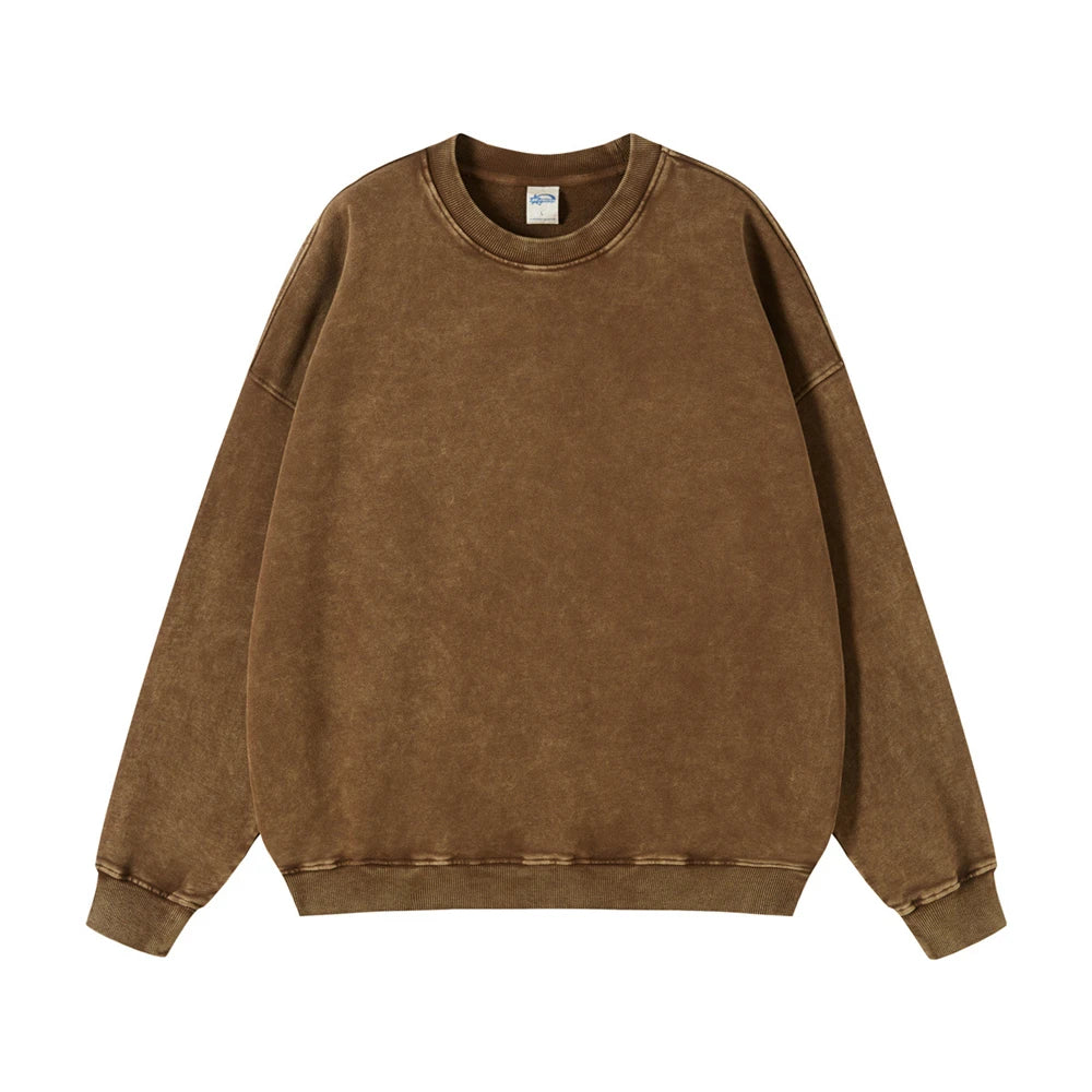 ZODF Retro Autumn Unisex Batik Washed Cotton Sweatshirt Loose 420gsm Terry O-Neck Pullover HY0665 - Coffee / XXL