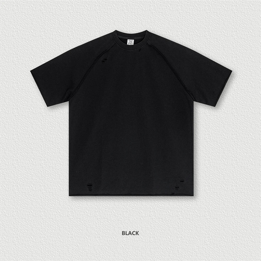 ZODF 2025 Men Summer Heavyweight 330gsm Cotton Oversized Distressed Holes High Street T-Shirt HY0984 - black / S