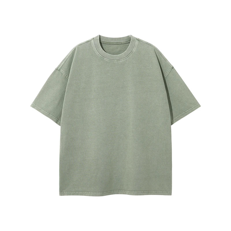 ZODF Spring Summer Washed Cotton Solid Unisex Oversized Loose T-Shirt Tee HY0465 - Grey Green / L / China Mainland