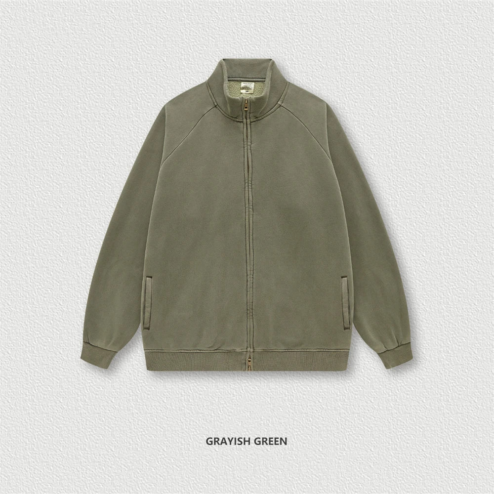 ZODF Retro Winter Men Washed Fleece Zipper Jackets Unisex Loose Oversized 400gsm Raglan Sleeve Coats Streetwears HY0649
