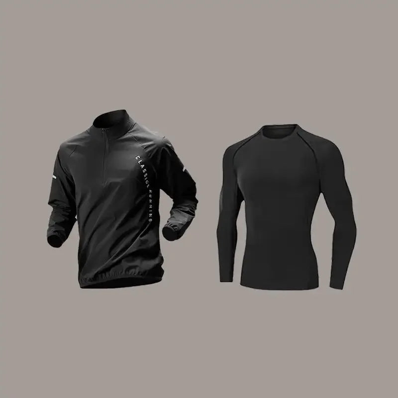 Men’s Quick-Dry Autumn Long-Sleeve Zipper Sports Set for Running Cycling Gym and Training - 2Black / XXL