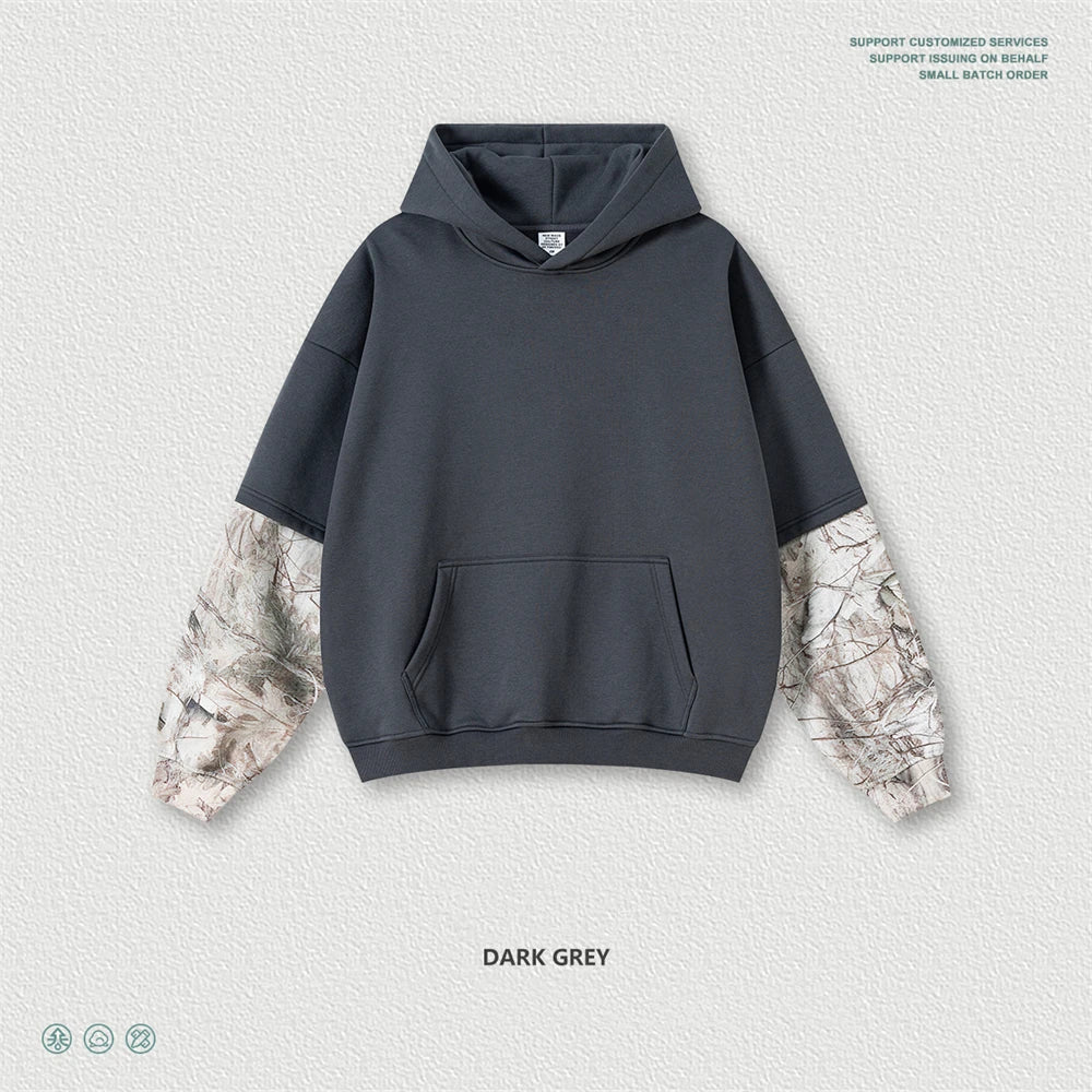 ZODF Fashion Winter Fake 2-Piece 340gsm Fleece Hoodies For Men Unisex High Street Camouflage Sleeve Hooded Pullovers HY1153