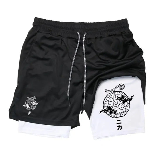 One Piece Nika Anime Men Gym Shorts Streetwear Casual Double-layer Sports Pants Graphic Print Elastic Waist Summer Sportswear